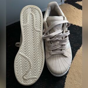 Women’s beige Adidas XLG Superstars, Size 8.5